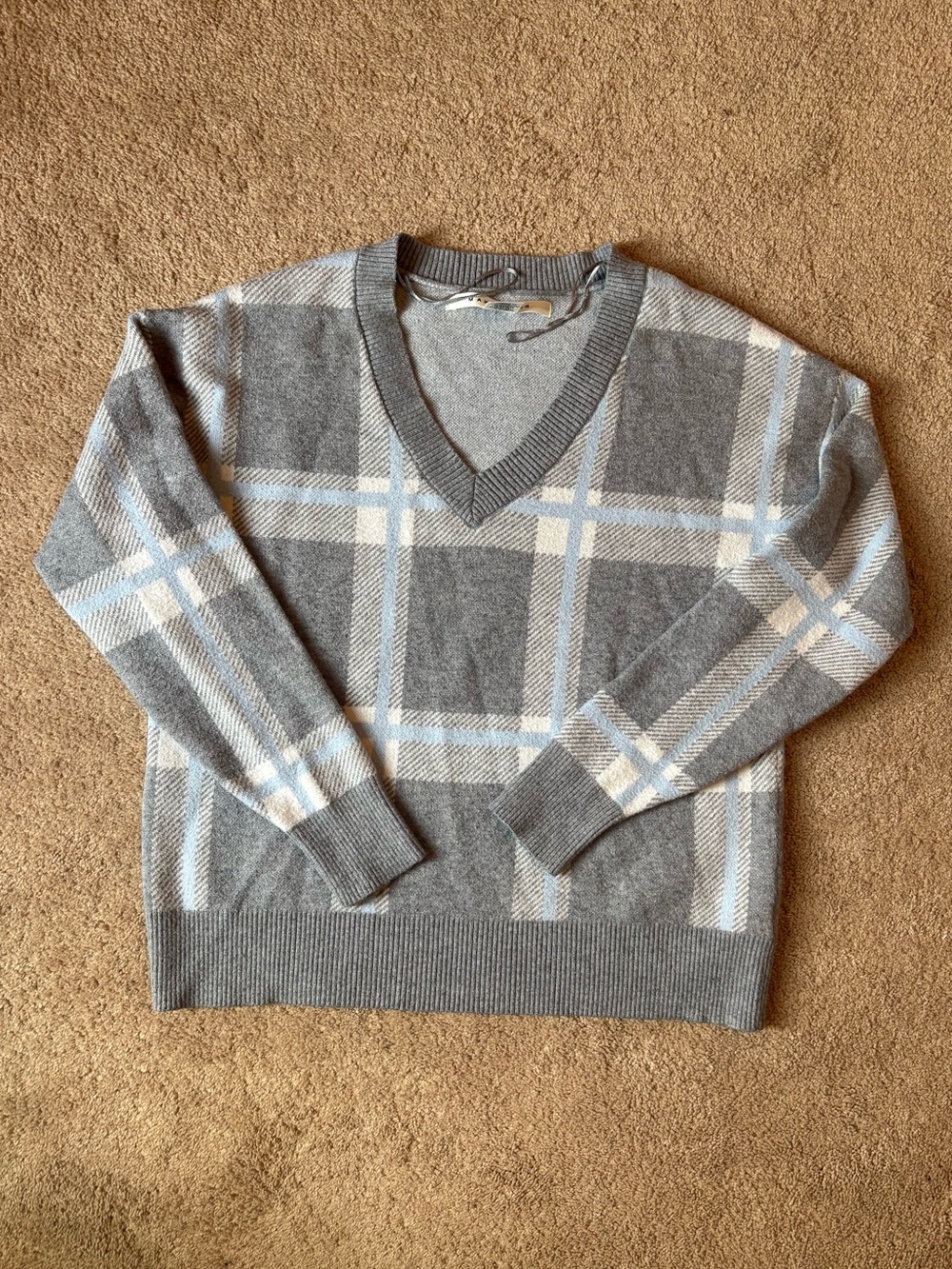 Gray Plaid V-Neck Sweater